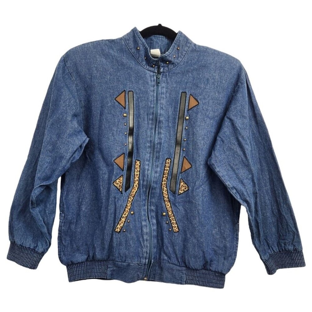 Denim Jacket Vtg Womens Sz S Faux Leather & Animal Print Applique Studs Zip Up